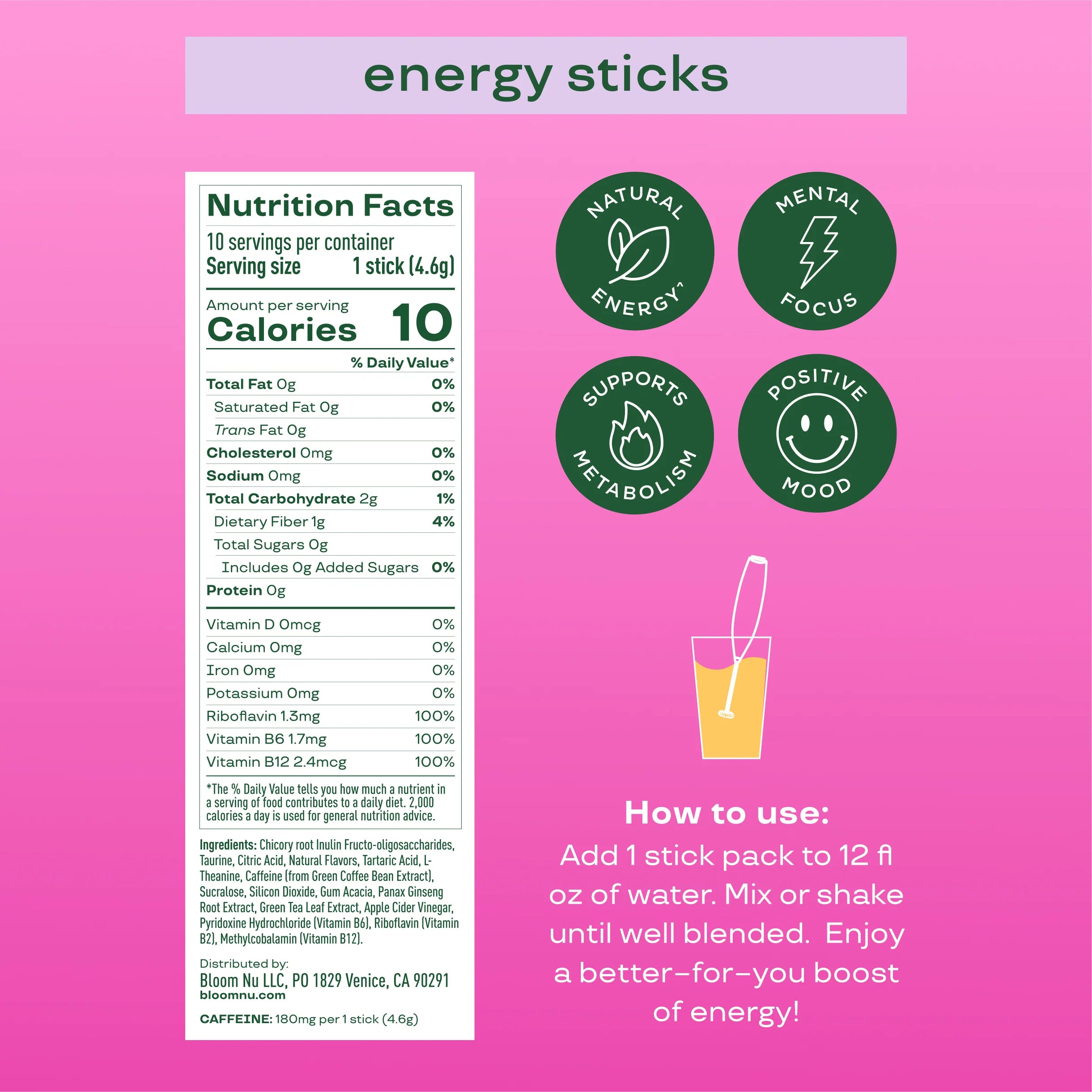 Bloom Nutrition - Natural Energy Sticks Packs 10pks